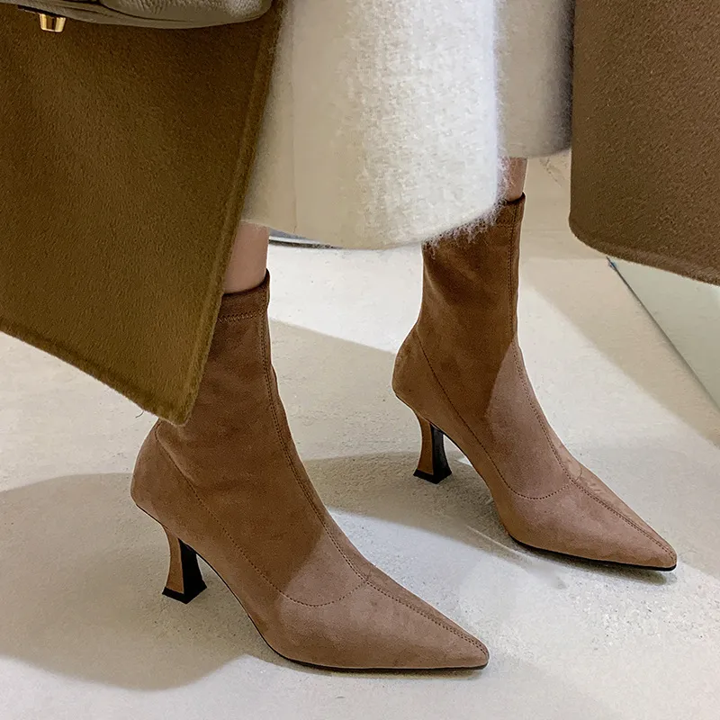 Apricot Short Boots Women Autumn And Winter Commute High And Bare Boots Korean Version Of Thin Skinny Boots Tips And Elastic Socks Boots HZ0115