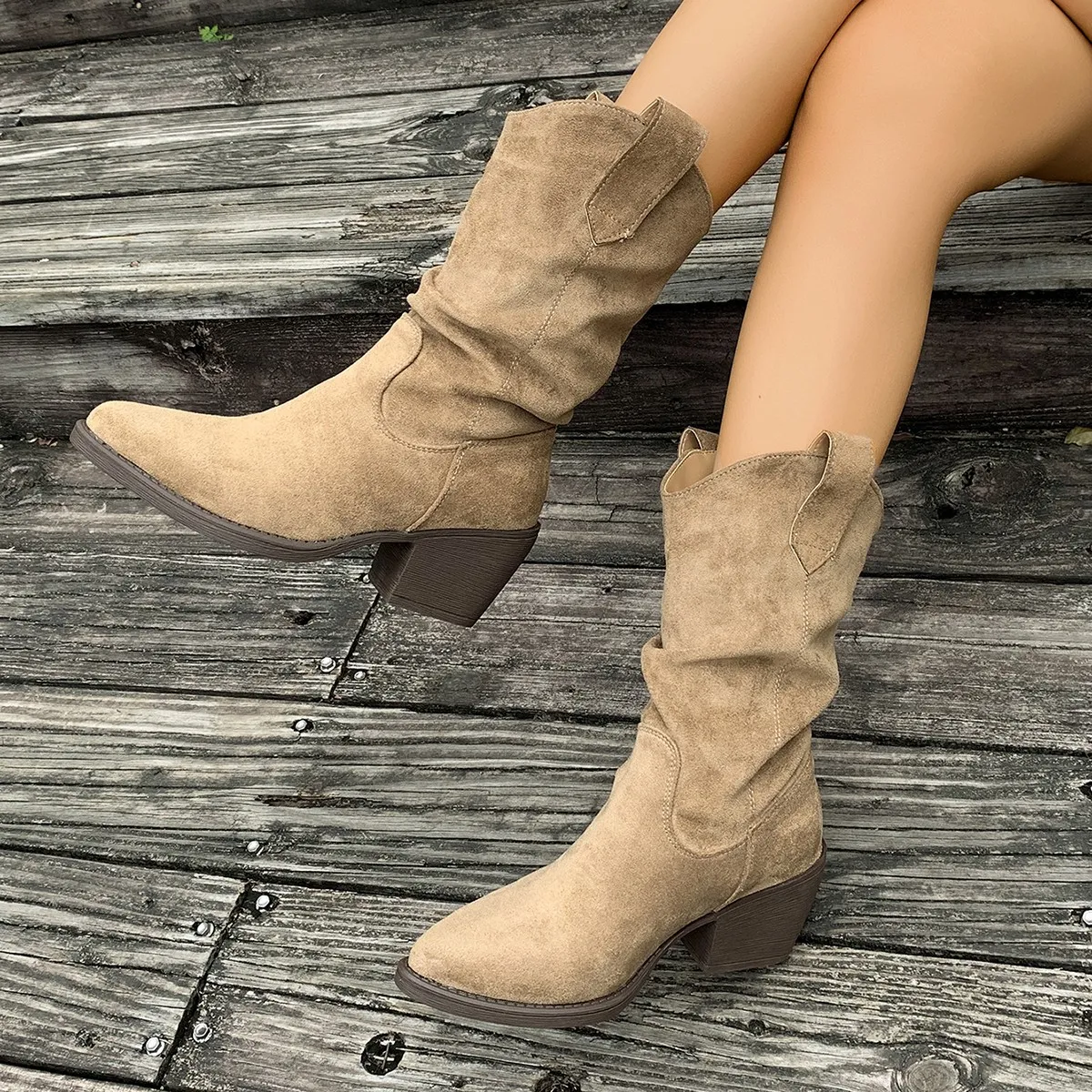 Vintage Retro Brown V-Mouth Pile In The Boots Women's Shoes 2025 Autumn And Winter Pointed Western Cowboy Boots HZ0115