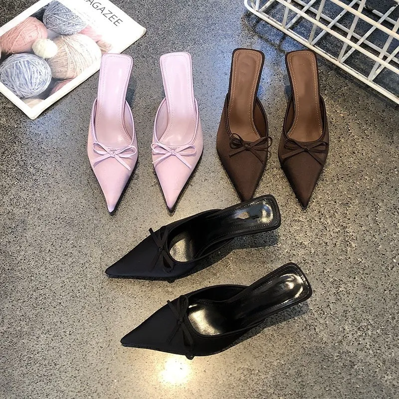 Fairy Sweet Bow High Heels 2025 Spring And Summer New Sexy Sharp Head Shallow Thin And Half Slippers HZ0115