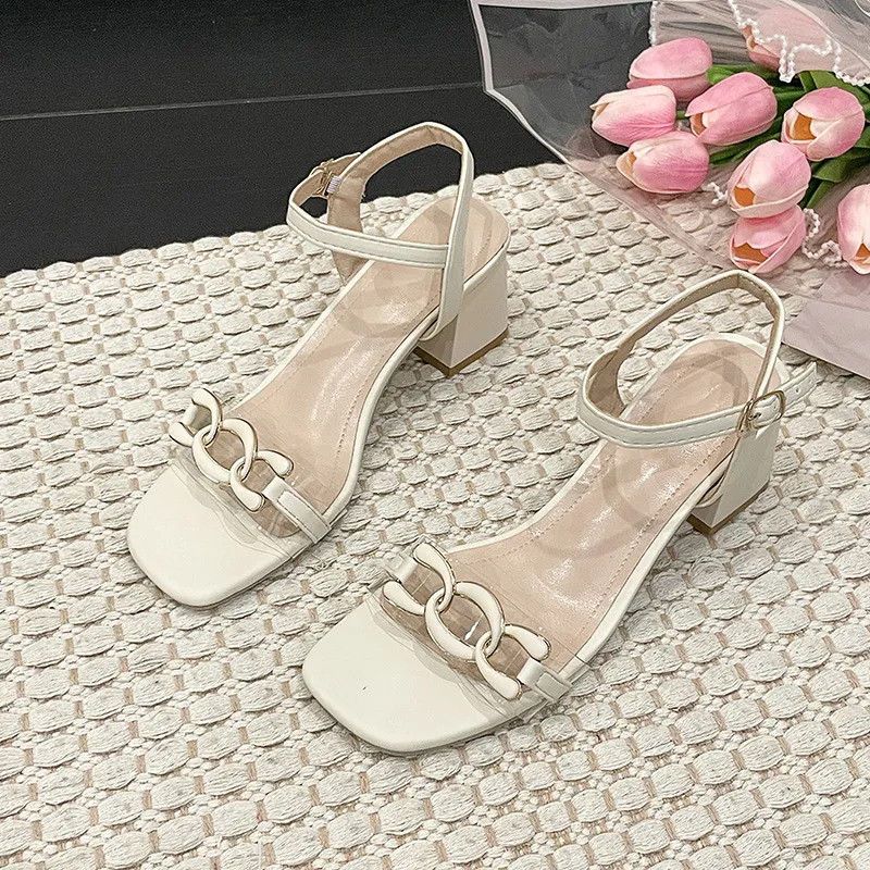High-Heeled Women 2025 Summer New Square Head Thick Heel Wearing Net Red Word With Fashion High Heel Sandals HZ0115