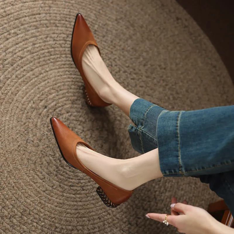 French Retro Wiping Pointy Light-Mouthed Single-Shoe Women 2025 New Comfortable Soft Leather Thick Heel Low-Heeled Single Shoes HZ0115