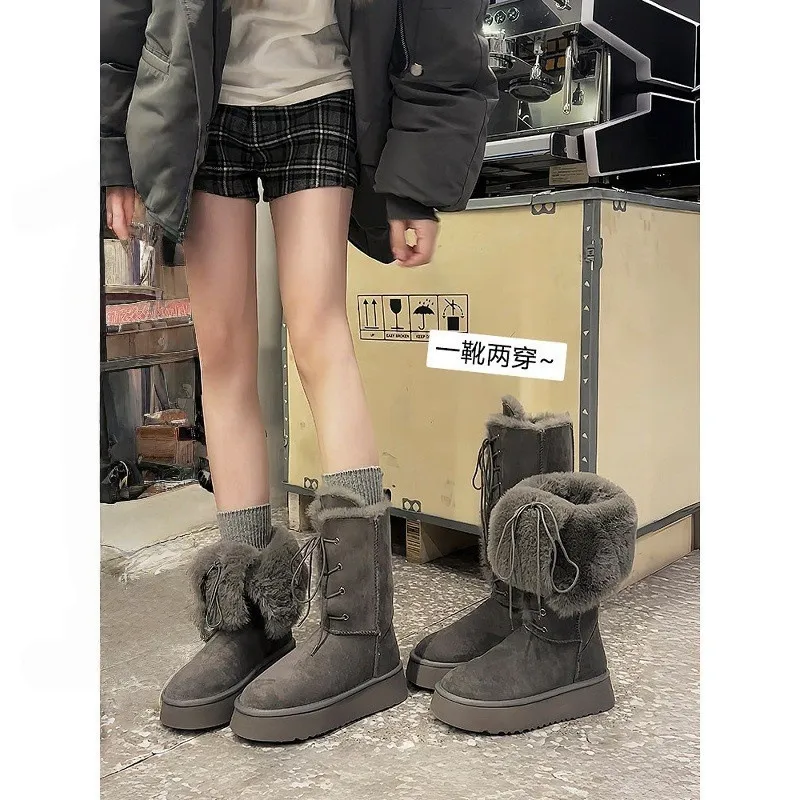 Grey Snow Boots Women 2025 New Winter Tie With Two Long Boots Plus Velvet Thick Cotton Shoes HZ0115
