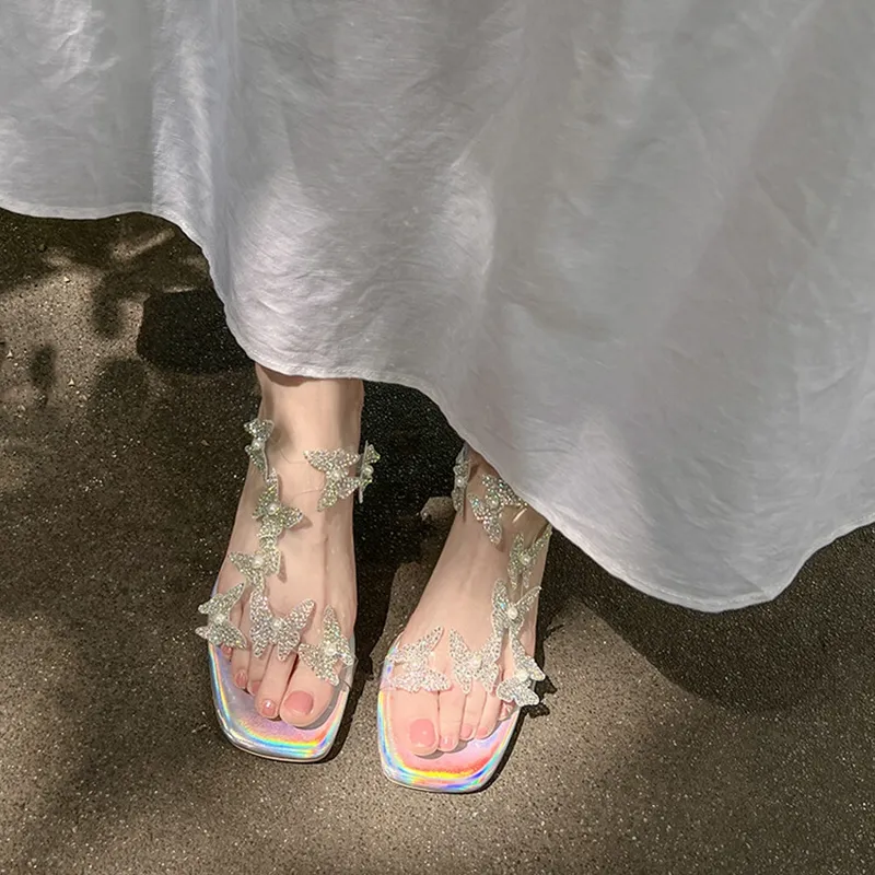 Water Drill Sandals Women 2025 Summer New Fairy Wind Beautiful Transparent Butterfly Crystal And High Heel Half Slippers Outside Wearing HZ0115