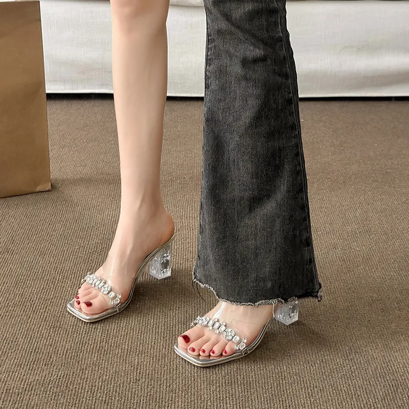 Water Drill High Heels Women 2025 New Transparent Word With Open-Toe Sandals Coarse Slippers Summer Wear Not Tired Feet HZ0115