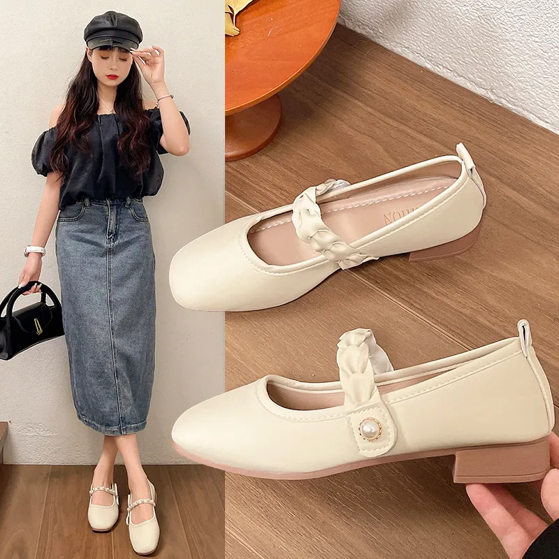 Net Red Thick Heel Not Tired Of Pearl Fashion Shoes 2025 Spring And Autumn New Women's Shoes Bow Bow One Foot Single Shoes HZ0115
