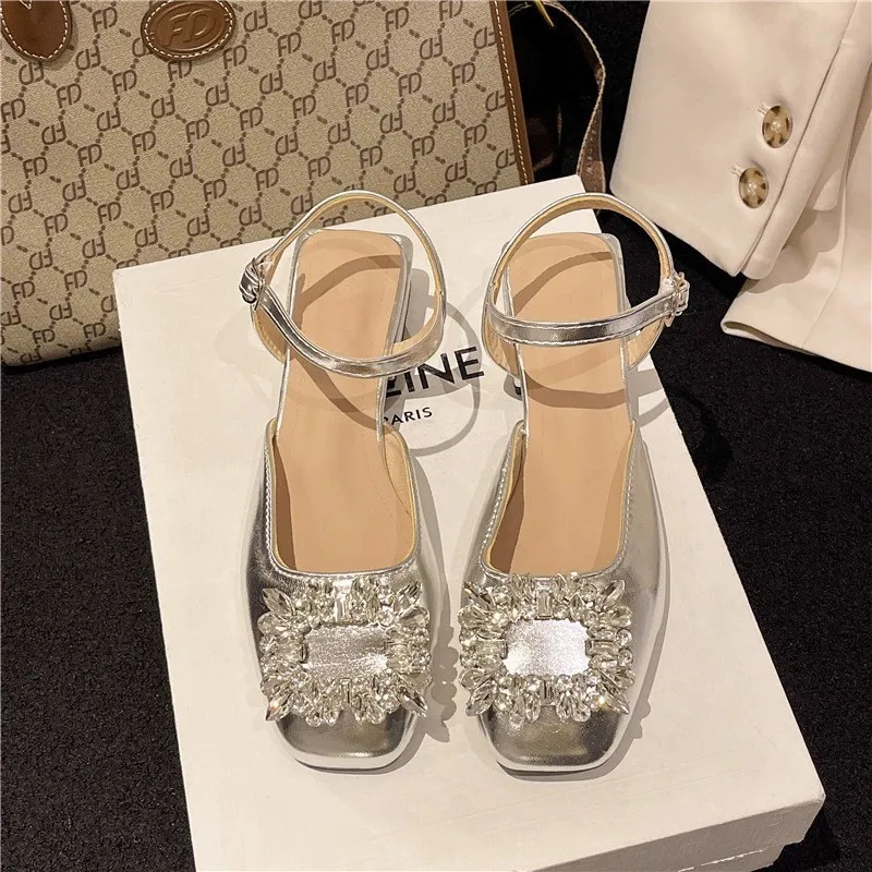 Mary Jane Shoes 2025 Summer New Square Buckle Thick Heel Drill Head Low Heel Sandals Behind The Word With Single Shoes HZ0115