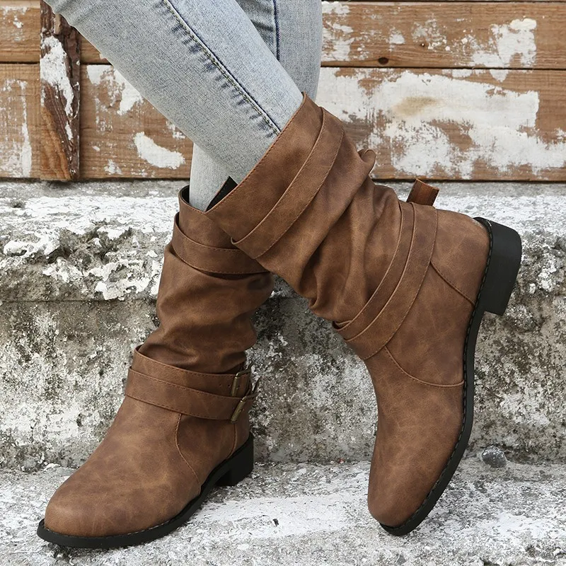 Casual Single Boots 2025 New Large-Size Autumn Tip French Coarse And Double Buckle With Martin Boots HZ0115