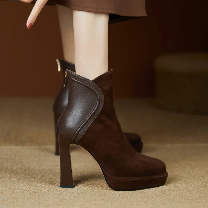 Vintage Waterproof Table Coarse Heeled Short Boots Women 2025 Autumn And Winter Round Head Thick-Soled High Heels Commuting Fashion Boots 10Cm HZ0115