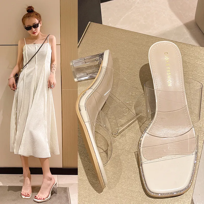 Water Drill Transparent Cool Slippers Women 2025 New Summer With Coarse Heel High Fairy Wind Temperament HZ0115