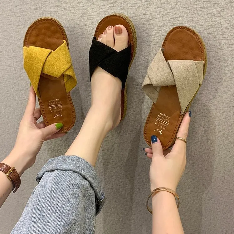 Summer Cool Slippers Women Wear 2025 New One-Word Drag Velvet Flat Floor Cross Women's Slippers Women's Shoes HZ0115