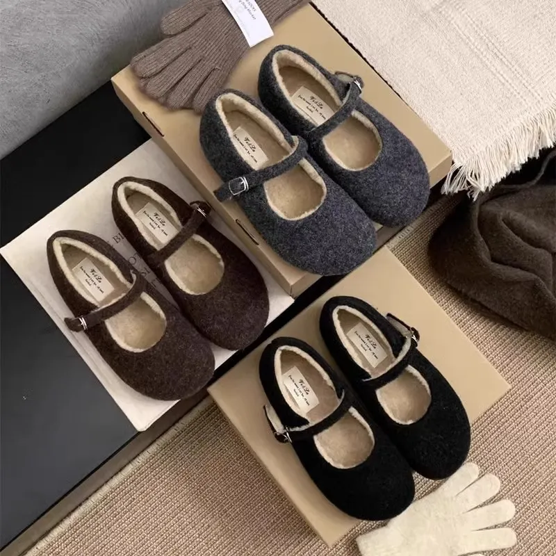 Flat Bottom Wearing Hairy Shoes Mary Jane Single Shoes Women's Shoes 2025 New Autumn And Winter Plus Velvet Gentle Evening Shoes HZ0115