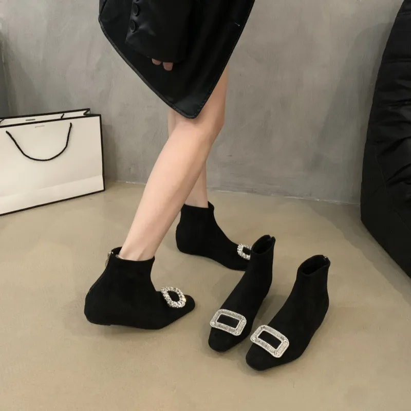 Small Fragrant Black Water Drill In The Height Of Short Boots Women's Shoes 2025 Autumn And Winter Show Skin Elastic Thin Skin Boots Boots HZ0115