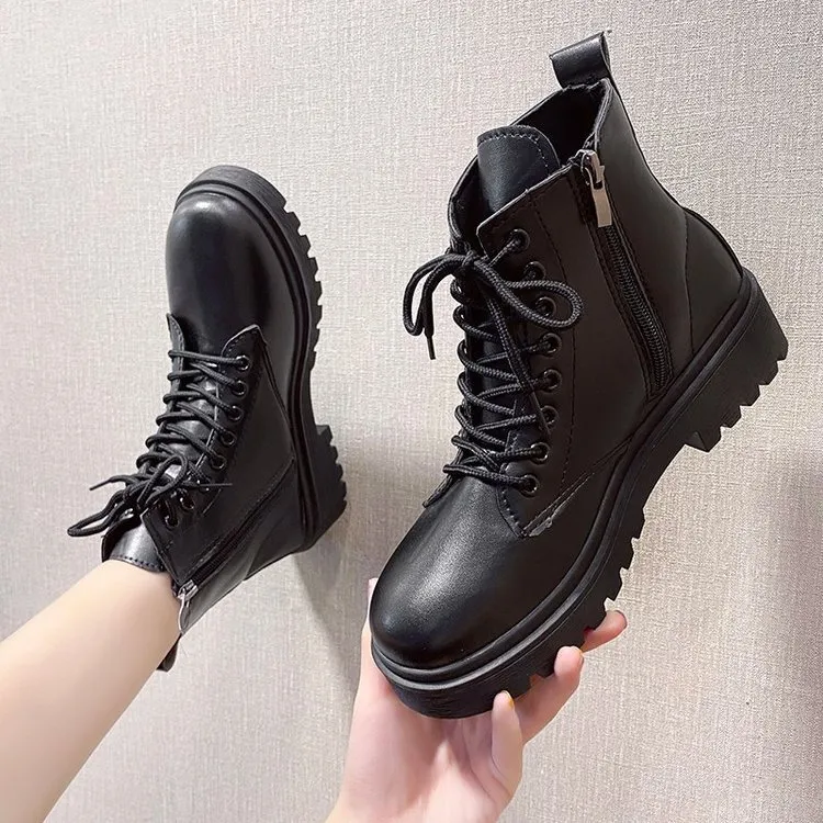 Black Front Tied Martin Boots Girl Thick Bottom Raised Thin Boots Large Size Short Boots Girl 43 HZ0115