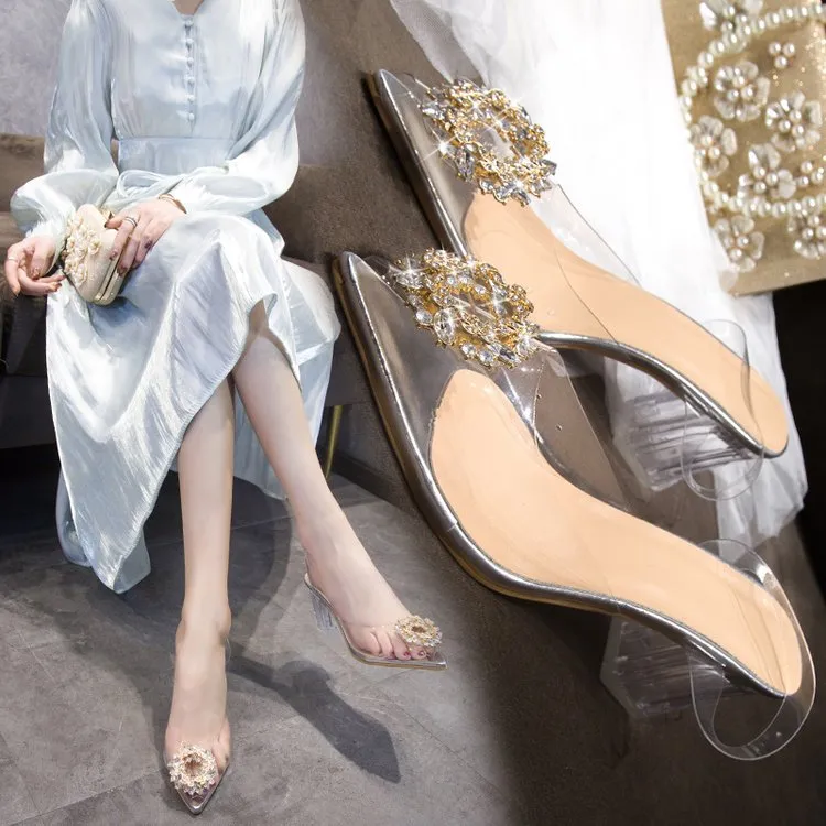 Large-Size Fish Mouth Sandals Women 2025 Spring And Summer New Fashion Water Drill Buckle Transparent High-Heeled Sandals HZ0115